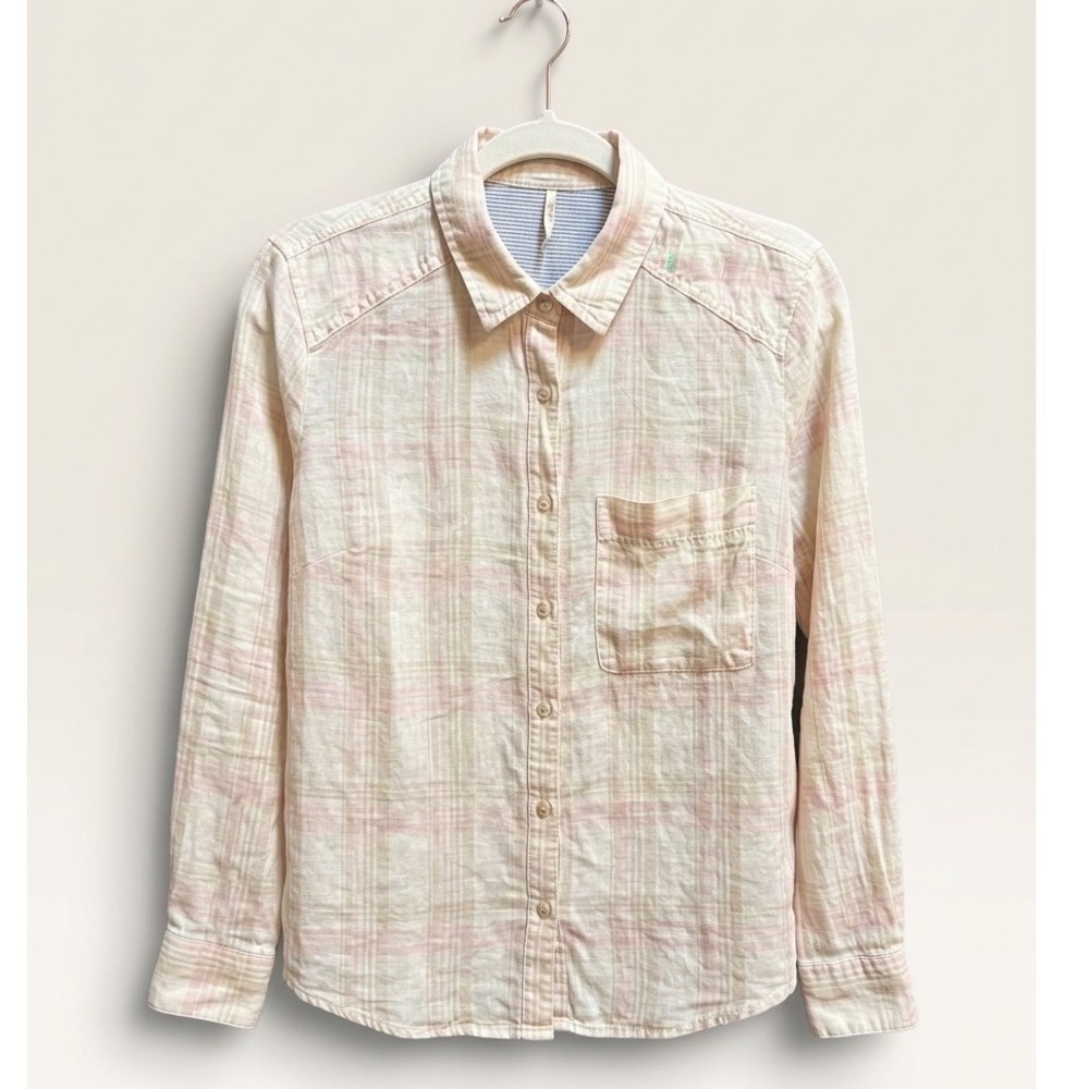Free People Pink Plaid 100% Linen Button Down Shirt XS Long Sleeve Pocket Top